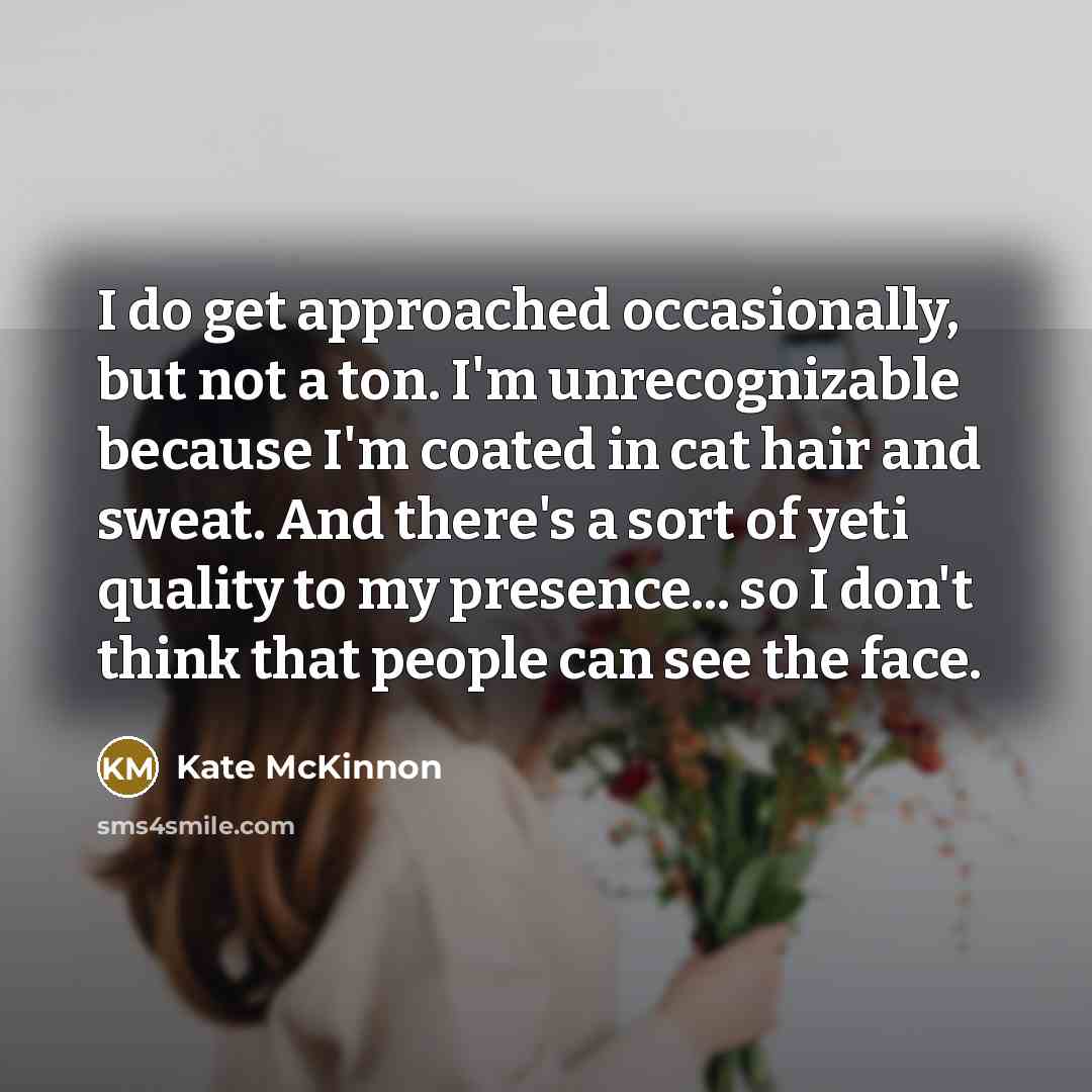 “I do get approached occasionally, but not a ton. I'm unrecognizable because I'm coated in cat hair and sweat. And there's a sort of yeti quality to my presence... so I don't think that people can see the face.” quote by Kate McKinnon