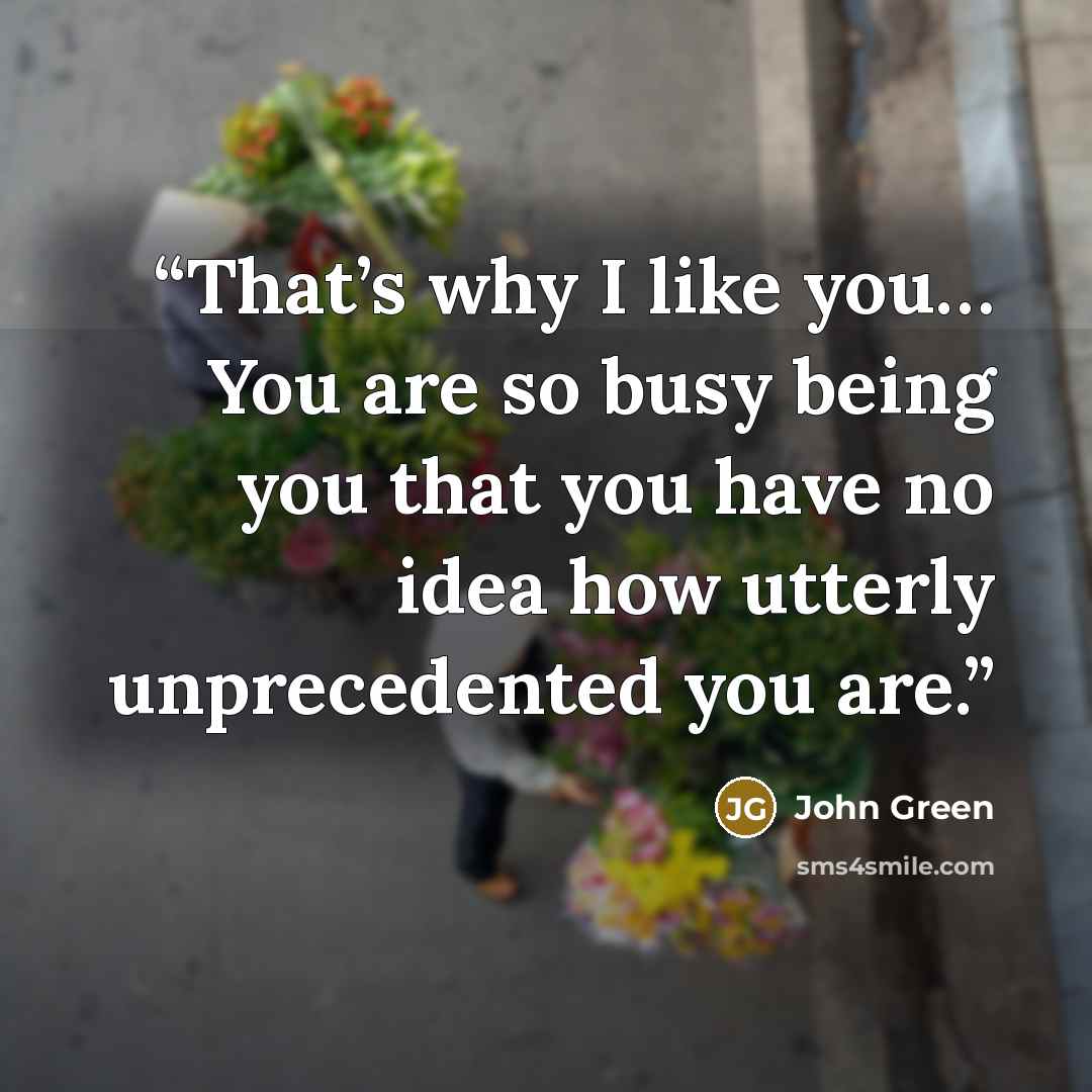 “That’s why I like you… You are so busy being you that you have no idea how utterly unprecedented you are.” quote by John Green