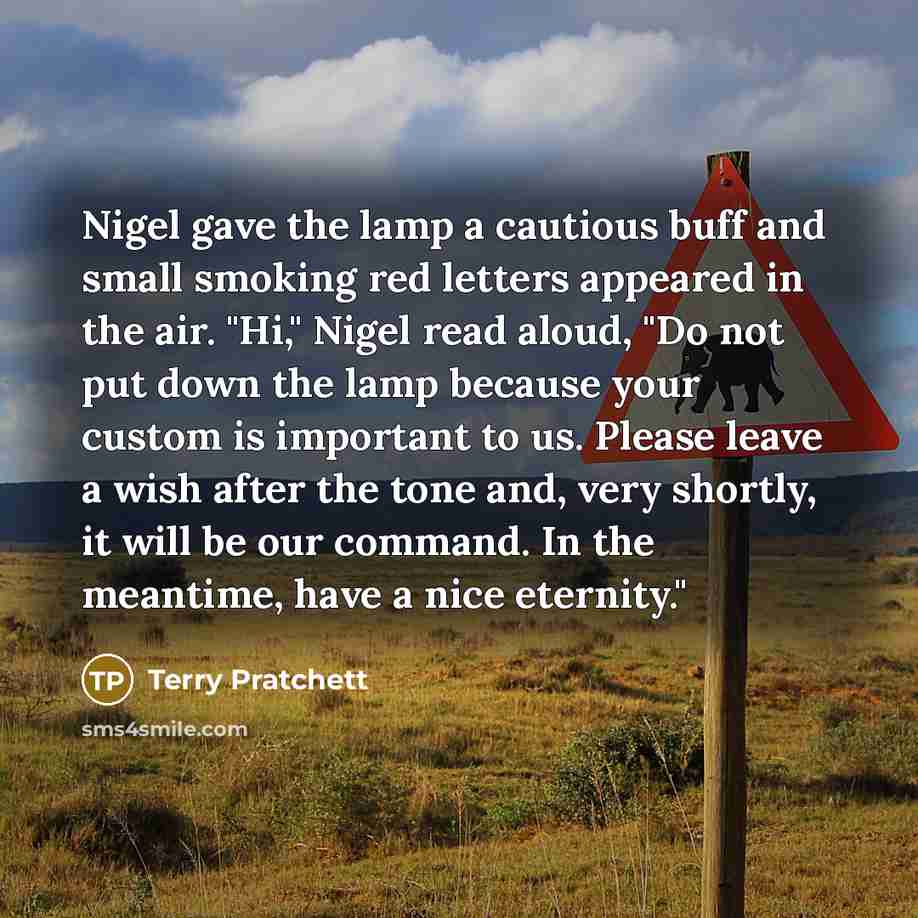 “Nigel gave the lamp a cautious buff and small smoking red letters appeared in the air. "Hi," Nigel read aloud, "Do not put down the lamp because your custom is important to us. Please leave a wish after the tone and, very shortly, it will be our command. In the meantime, have a nice eternity."” quote by Terry Pratchett