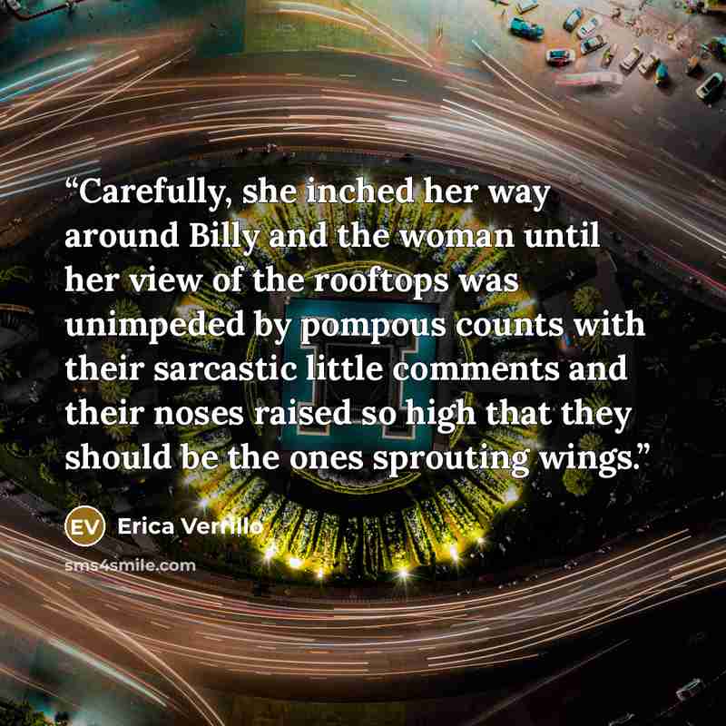 “Carefully, she inched her way around Billy and the woman until her view of the rooftops was unimpeded by pompous counts with their sarcastic little comments and their noses raised so high that they should be the ones sprouting wings.” quote by Erica Verrillo