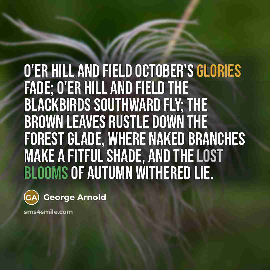 “O'er hill and field October's glories fade; O'er hill and field the blackbirds southward fly; The brown leaves rustle down the forest glade, Where naked branches make a fitful shade, And the lost blooms of Autumn withered lie.” quote by George Arnold