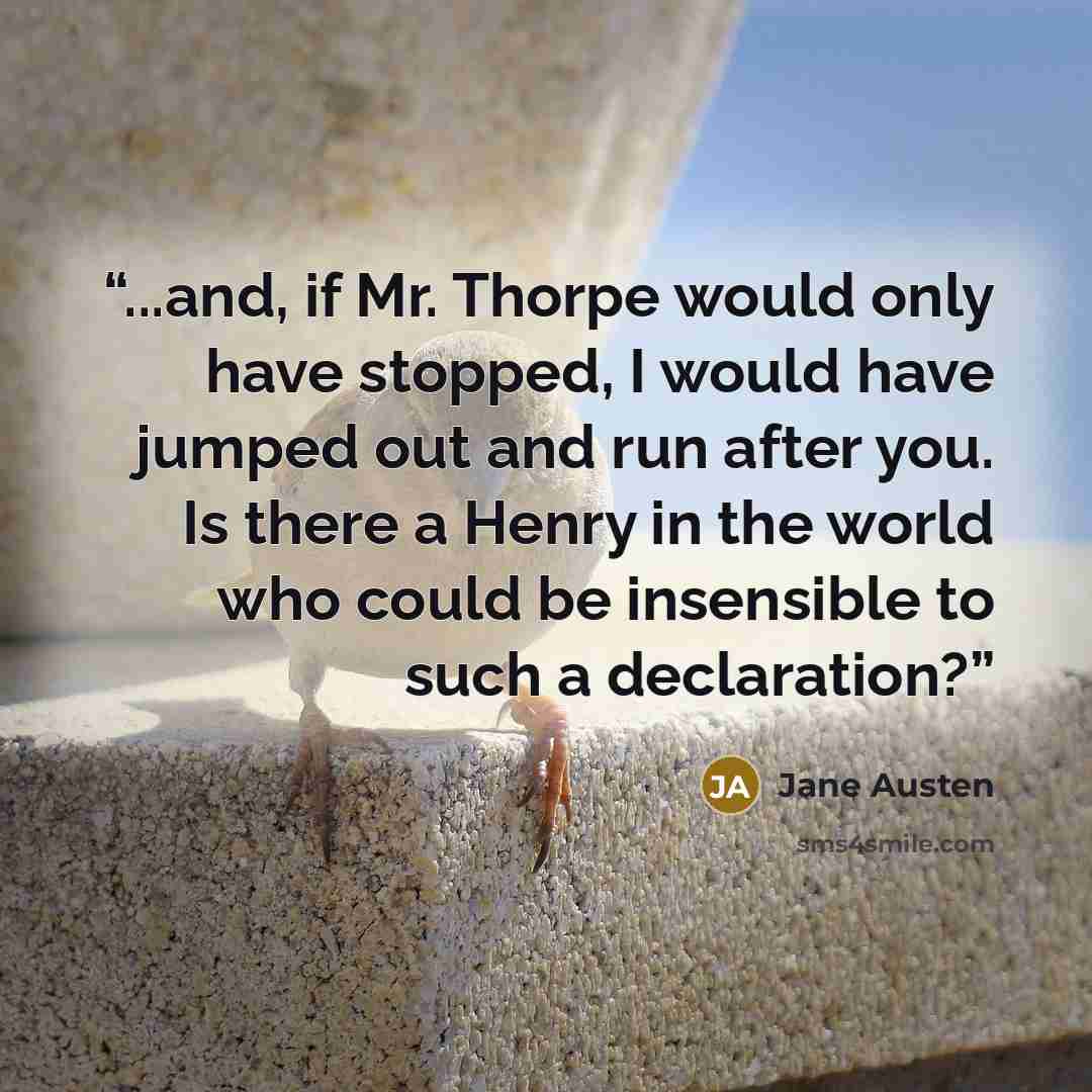 “...and, if Mr. Thorpe would only have stopped, I would have jumped out and run after you. Is there a Henry in the world who could be insensible to such a declaration?” quote by Jane Austen