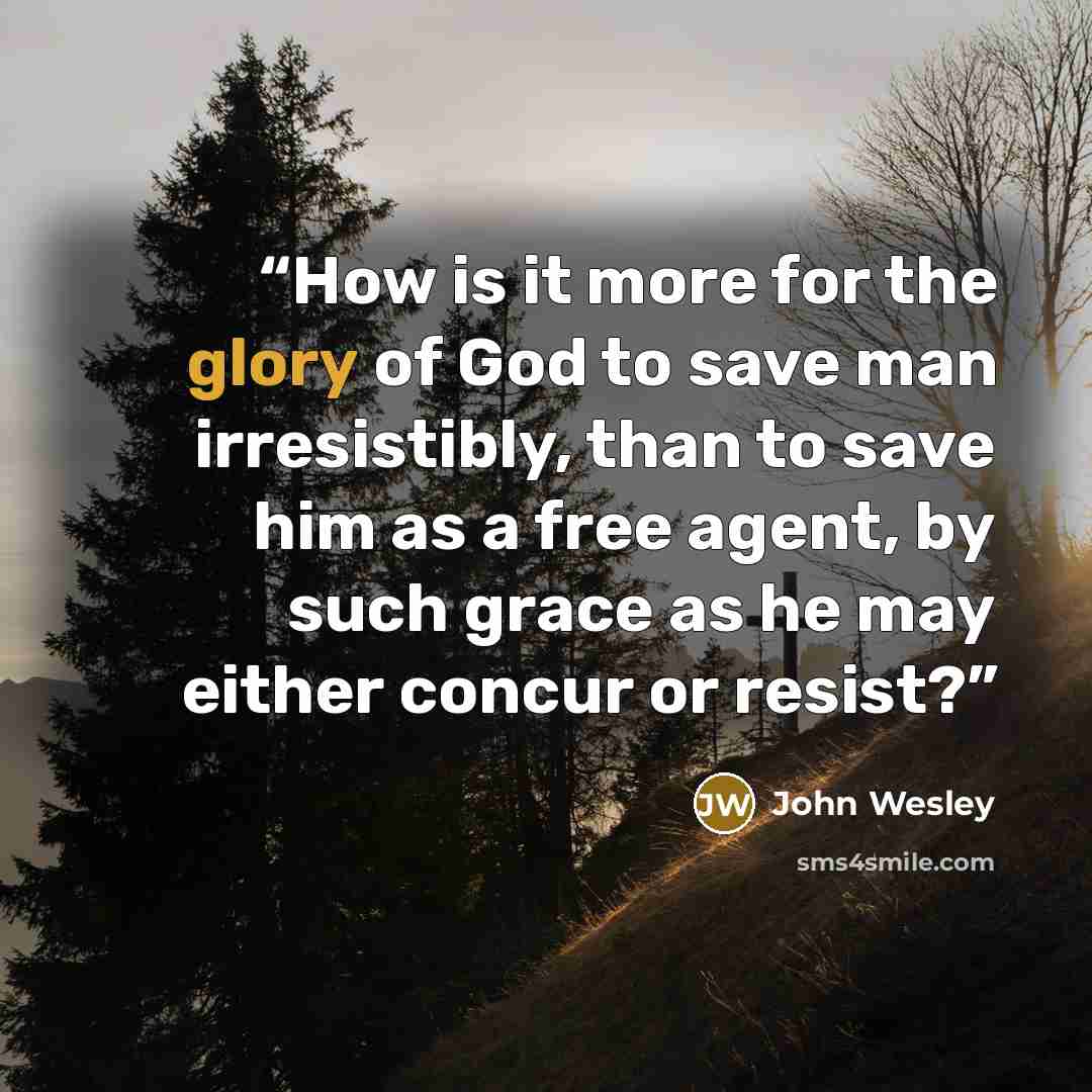 “How is it more for the glory of God to save man irresistibly, than to save him as a free agent, by such grace as he may either concur or resist?” quote by John Wesley