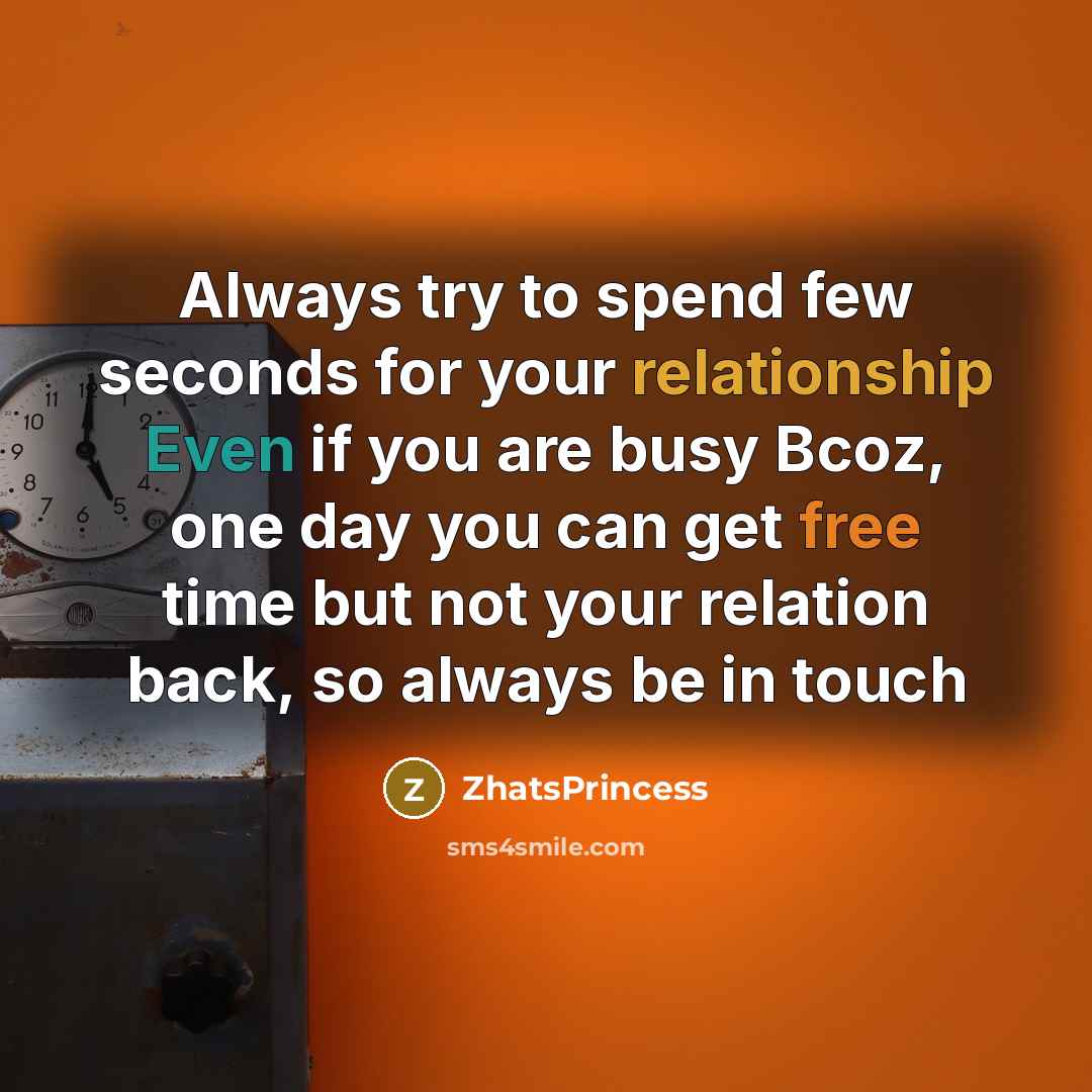 “Always try to spend few seconds for your relationship Even if you are busy Bcoz, one day you can get free time but not your relation back, so always be in touch” quote by ZhatsPrincess