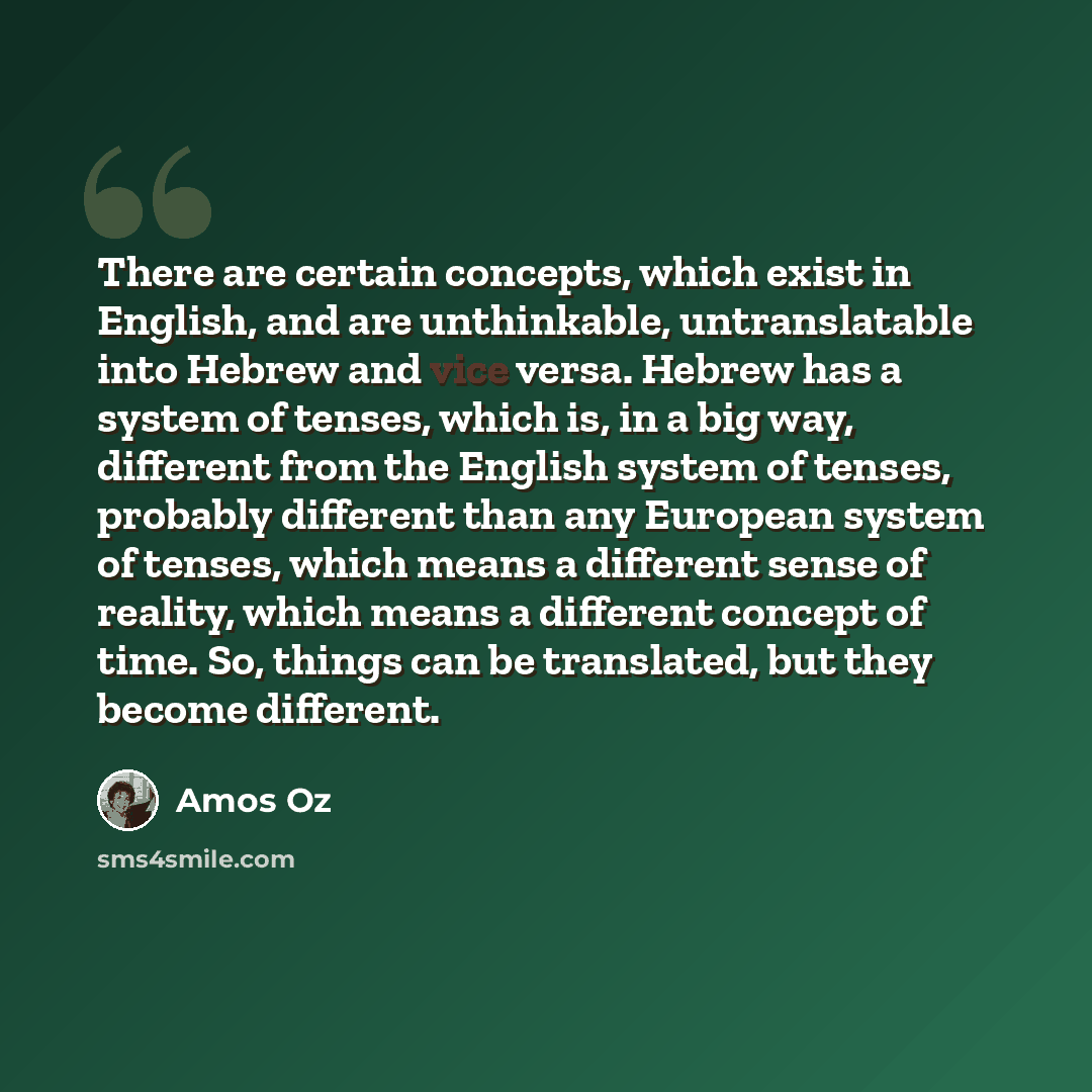 “There are certain concepts, which exist in English, and are unthinkable, untranslatable into Hebrew and vice versa. Hebrew has a system of tenses, which is, in a big way, different from the English system of tenses, probably different than any European system of tenses, which means a different…” quote by Amos Oz