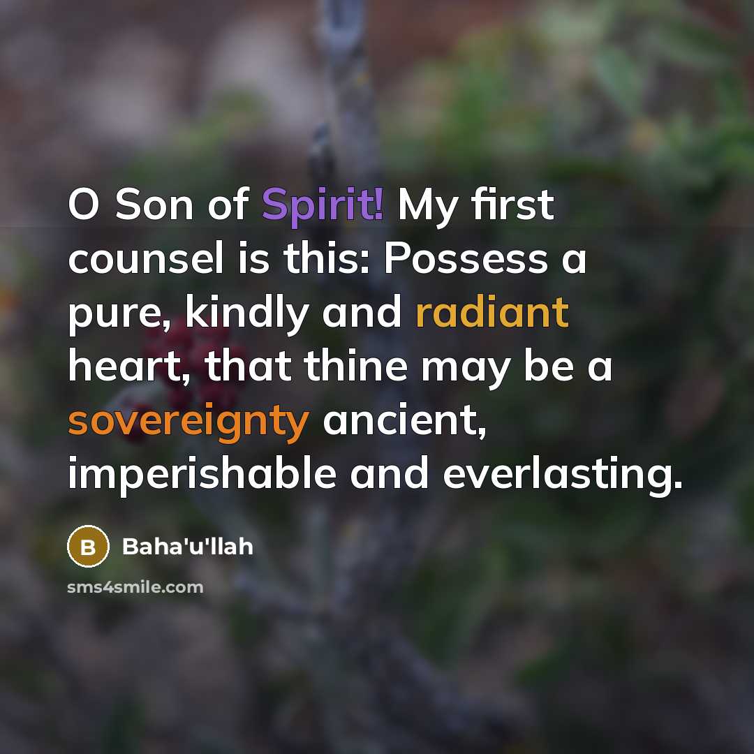 “O Son of Spirit! My first counsel is this: Possess a pure, kindly and radiant heart, that thine may be a sovereignty ancient, imperishable and everlasting.” quote by Bahá'u'lláh