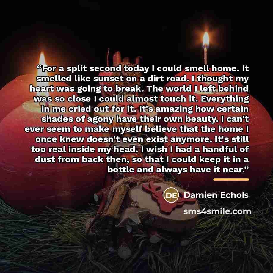 “For a split second today I could smell home. It smelled like sunset on a dirt road. I thought my heart was going to break. The world I left behind was so close I could almost touch it. Everything in me cried out for it. It's amazing how certain shades of agony have their own beauty. I can't ever…” quote by Damien Echols