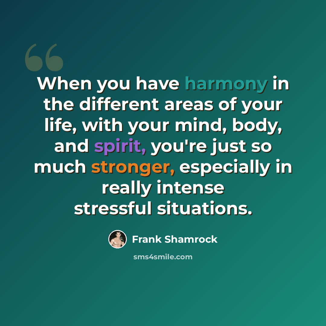 “When you have harmony in the different areas of your life, with your mind, body, and spirit, you're just so much stronger, especially in really intense stressful situations.” quote by Frank Shamrock