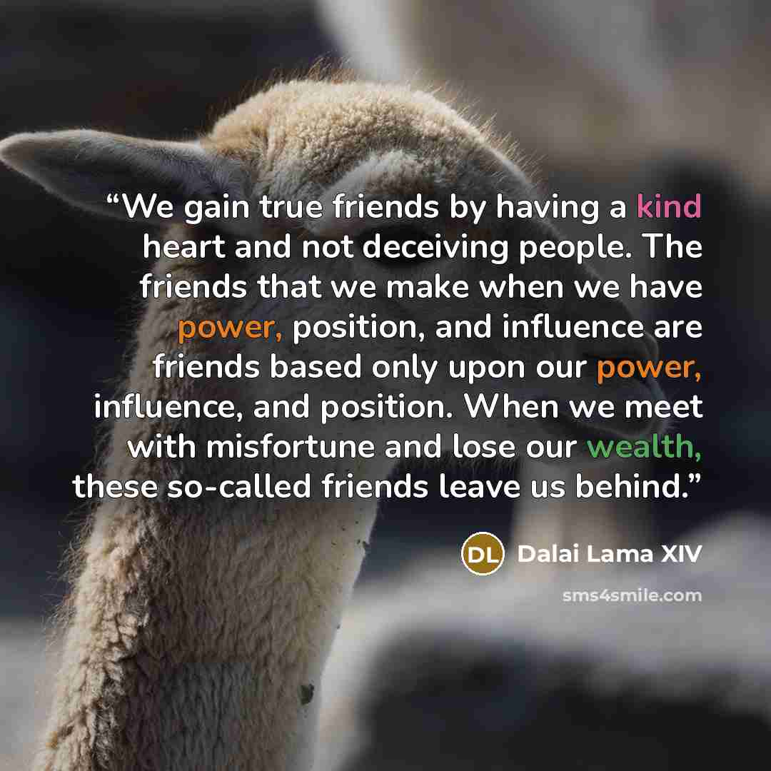 “We gain true friends by having a kind heart and not deceiving people. The friends that we make when we have power, position, and influence are friends based only upon our power, influence, and position. When we meet with misfortune and lose our wealth, these so-called friends leave us behind.” quote by Dalai Lama XIV