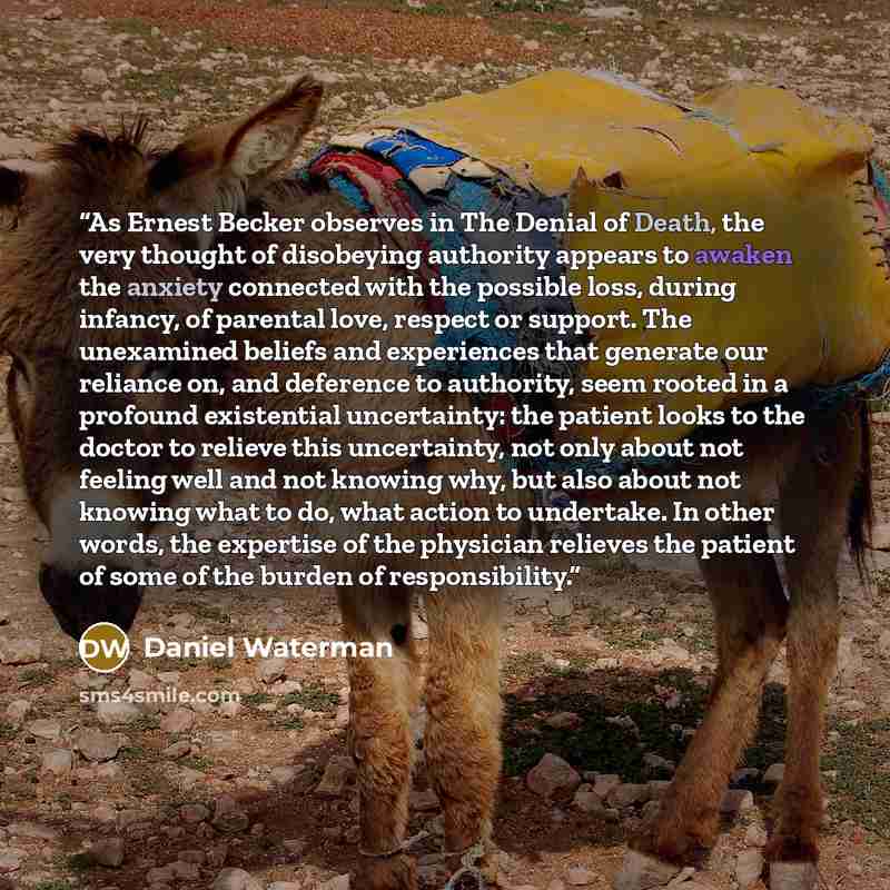 “As Ernest Becker observes in The Denial of Death, the very thought of disobeying authority appears to awaken the anxiety connected with the possible loss, during infancy, of parental love, respect or support. The unexamined beliefs and experiences that generate our reliance on, and deference to…” quote by Daniel Waterman