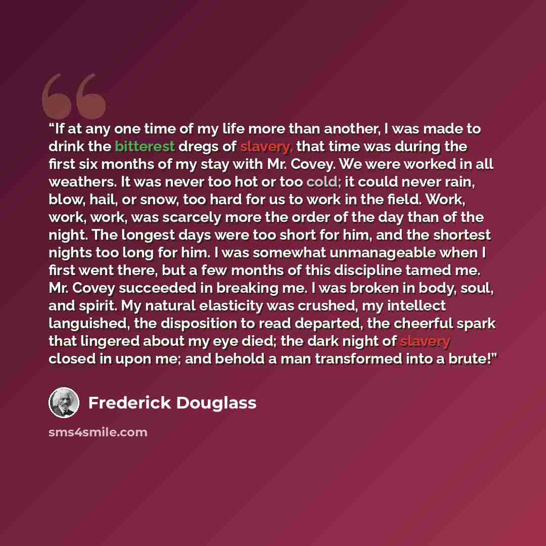“If at any one time of my life more than another, I was made to drink the bitterest dregs of slavery, that time was during the first six months of my stay with Mr. Covey. We were worked in all weathers. It was never too hot or too cold; it could never rain, blow, hail, or snow, too hard for us to…” quote by Frederick Douglass