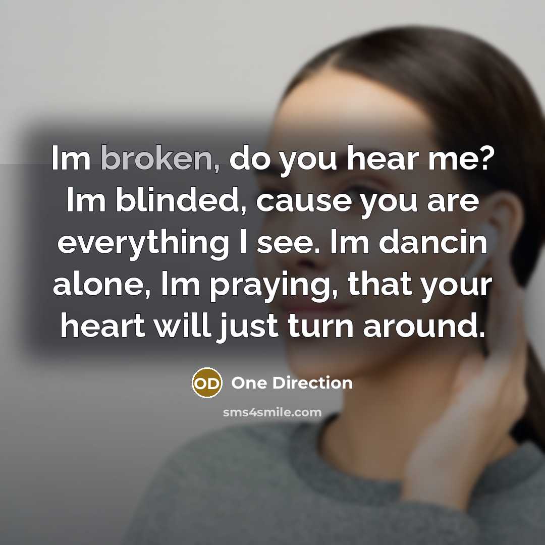 “Im broken, do you hear me? Im blinded, cause you are everything I see. Im dancin alone, Im praying, that your heart will just turn around.” quote by One Direction