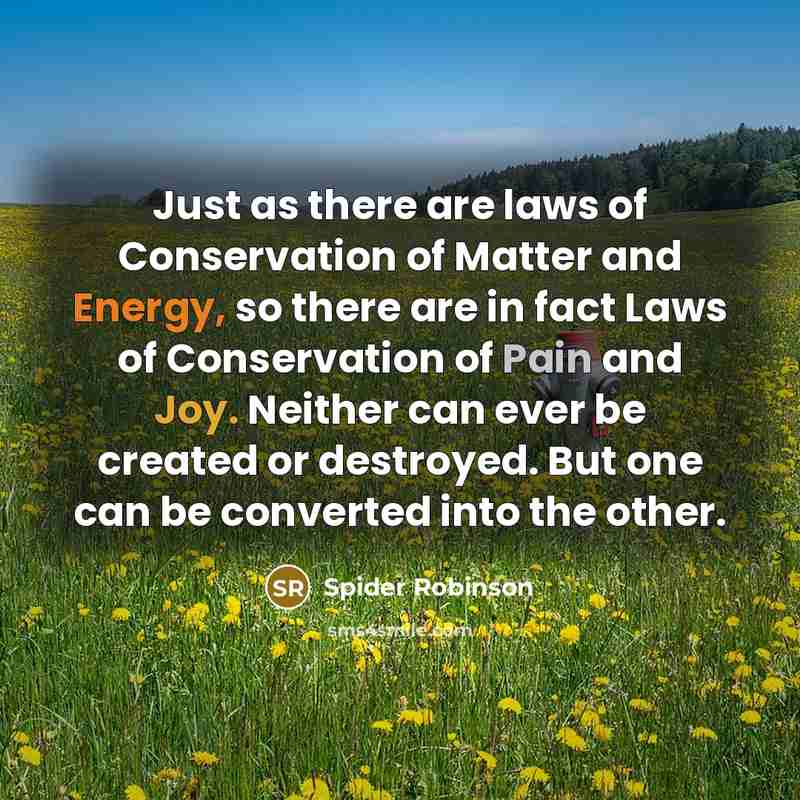 “Just as there are laws of Conservation of Matter and Energy, so there are in fact Laws of Conservation of Pain and Joy. Neither can ever be created or destroyed. But one can be converted into the other.” quote by Spider Robinson