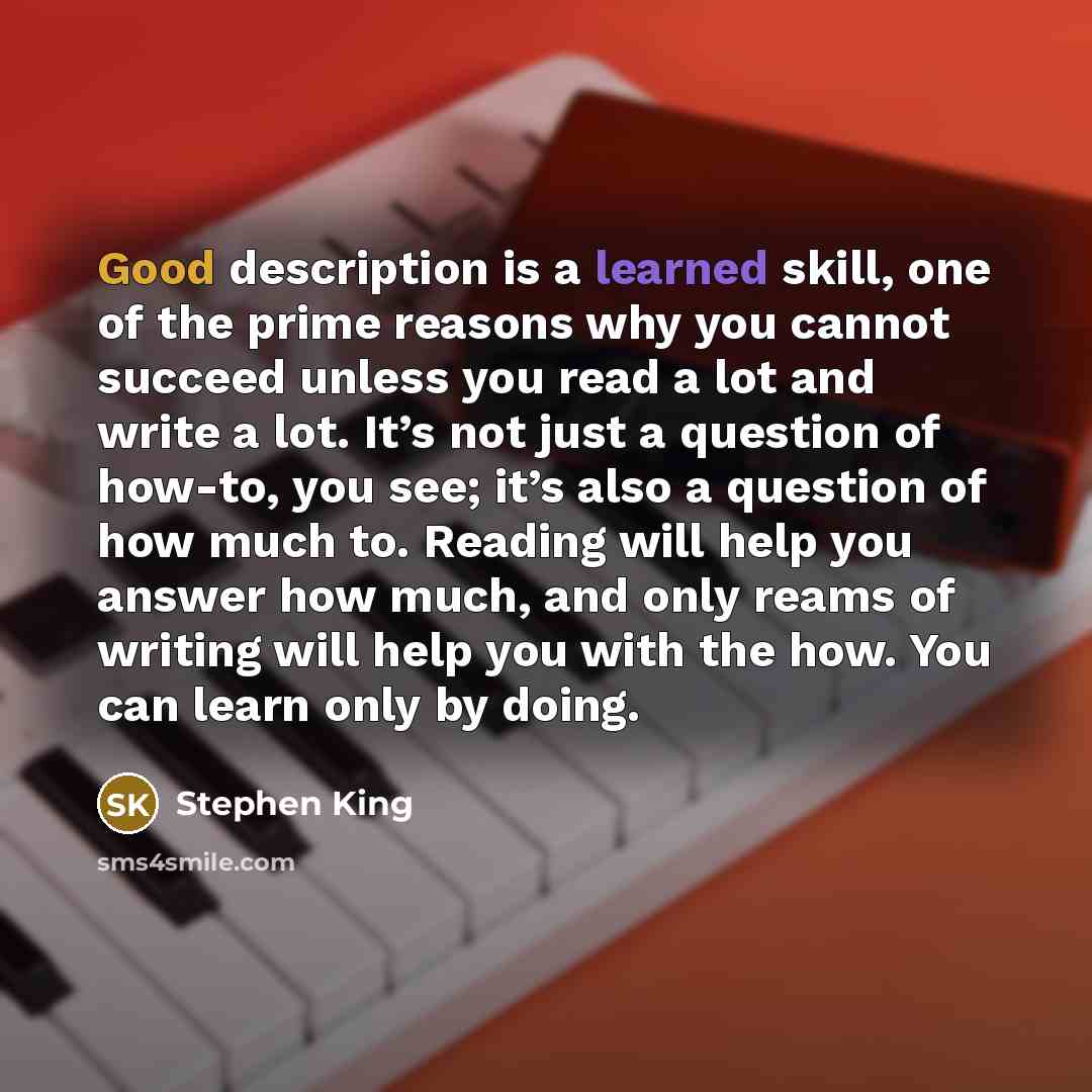 “Good description is a learned skill, one of the prime reasons why you cannot succeed unless you read a lot and write a lot. It’s not just a question of how-to, you see; it’s also a question of how much to. Reading will help you answer how much, and only reams of writing will help you with the how…” quote by Stephen King