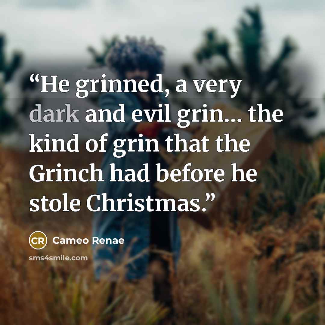 “He grinned, a very dark and evil grin… the kind of grin that the Grinch had before he stole Christmas.” quote by Cameo Renae