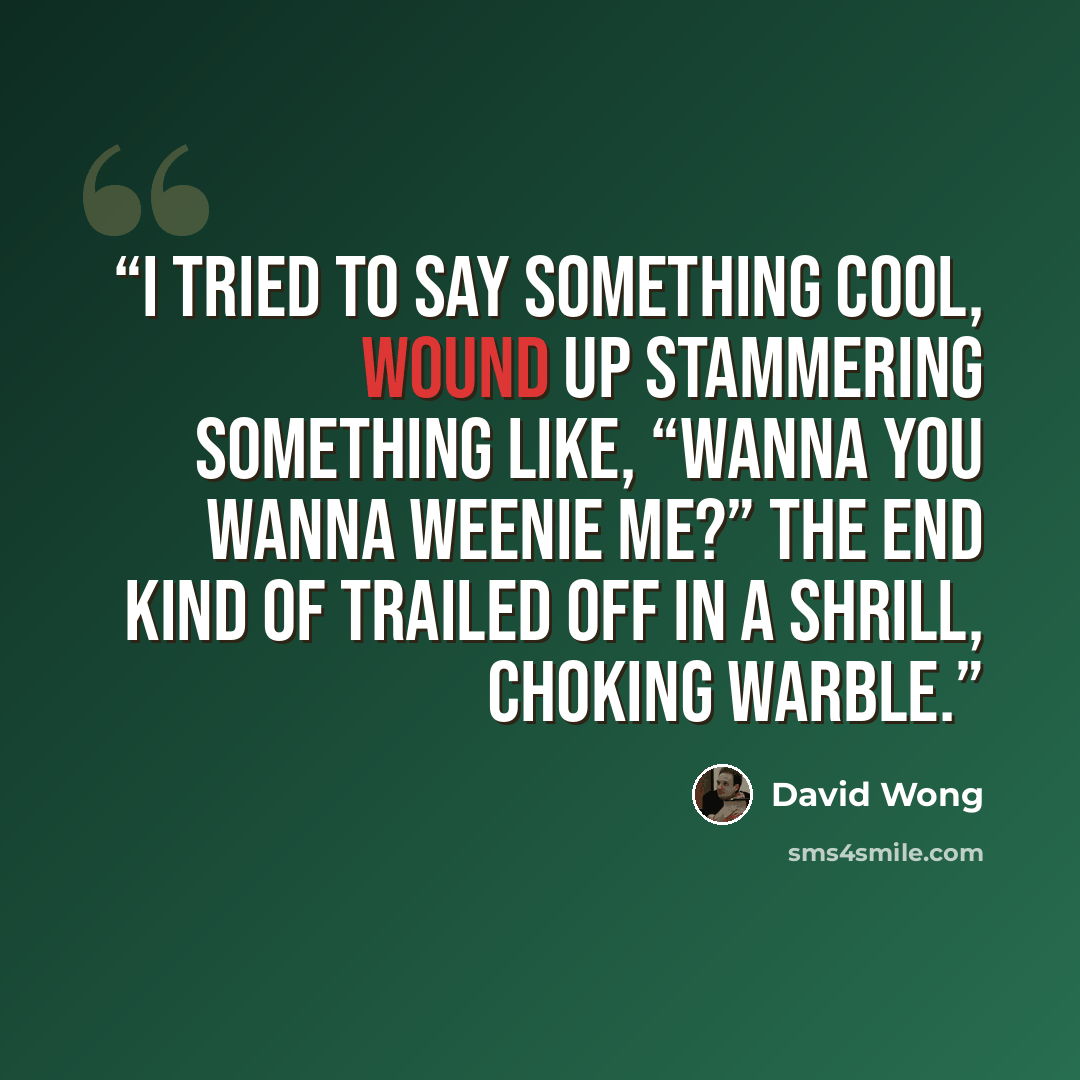 “I tried to say something cool, wound up stammering something like, “WANNA YOU WANNA WEENIE ME?” The end kind of trailed off in a shrill, choking warble.” quote by David Wong