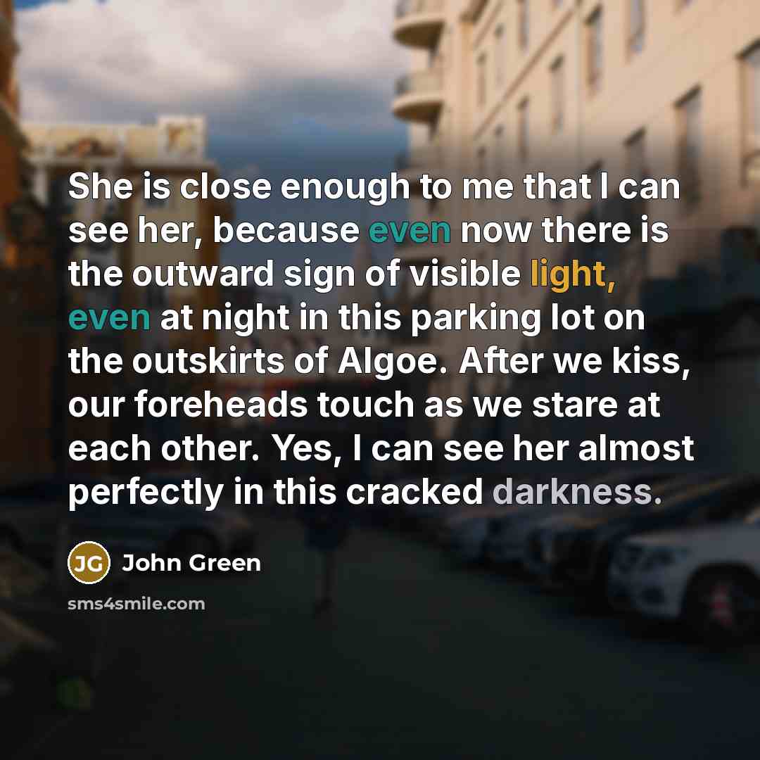 “She is close enough to me that I can see her, because even now there is the outward sign of visible light, even at night in this parking lot on the outskirts of Algoe. After we kiss, our foreheads touch as we stare at each other. Yes, I can see her almost perfectly in this cracked darkness.” quote by John Green