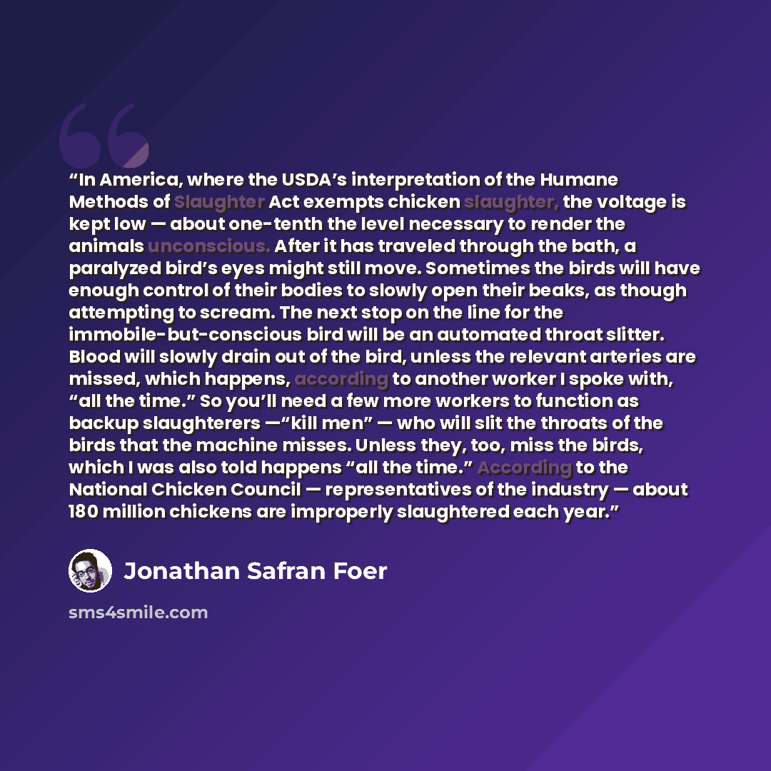 “In America, where the USDA’s interpretation of the Humane Methods of Slaughter Act exempts chicken slaughter, the voltage is kept low — about one-tenth the level necessary to render the animals unconscious. After it has traveled through the bath, a paralyzed bird’s eyes might still move. Sometimes…” quote by Jonathan Safran Foer