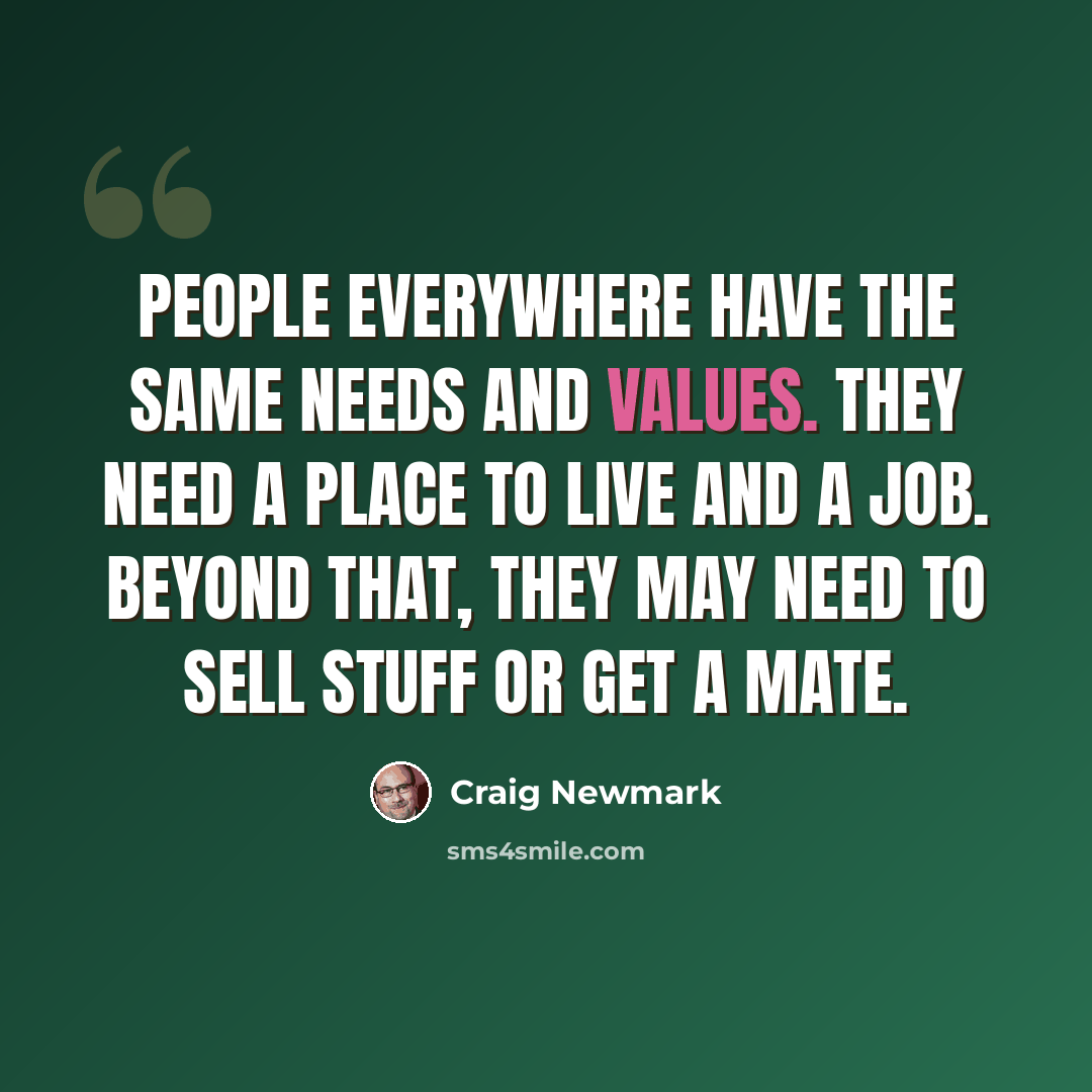 “People everywhere have the same needs and values. They need a place to live and a job. Beyond that, they may need to sell stuff or get a mate.” quote by Craig Newmark