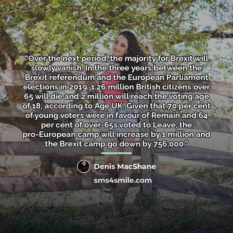 “Over the next period, the majority for Brexit will slowly vanish. In the three years between the Brexit referendum and the European Parliament elections in 2019, 1.26 million British citizens over 65 will die and 2 million will reach the voting age of 18, according to Age UK. Given that 70 per…” quote by Denis MacShane