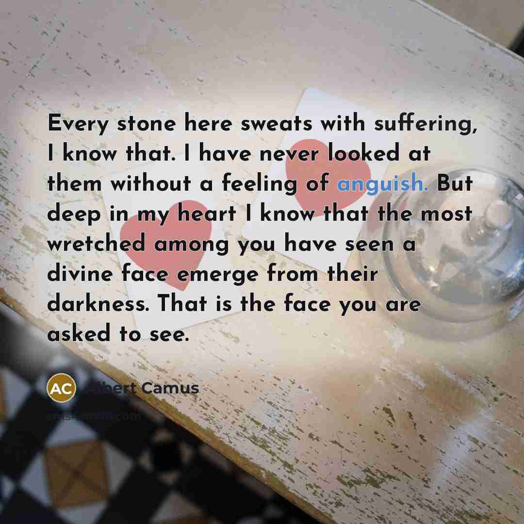 “Every stone here sweats with suffering, I know that. I have never looked at them without a feeling of anguish. But deep in my heart I know that the most wretched among you have seen a divine face emerge from their darkness. That is the face you are asked to see.” quote by Albert Camus