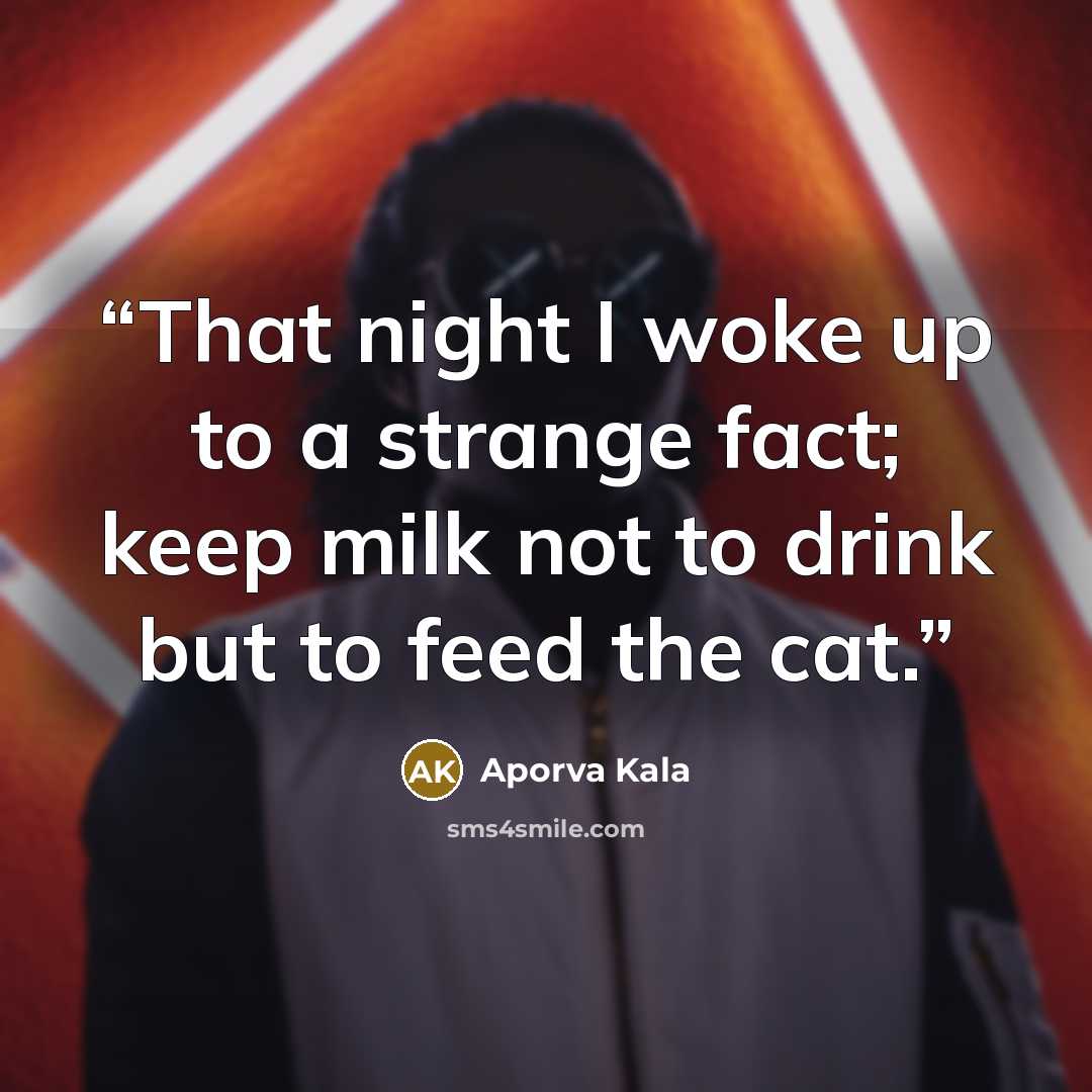 “That night I woke up to a strange fact; keep milk not to drink but to feed the cat.” quote by Aporva Kala