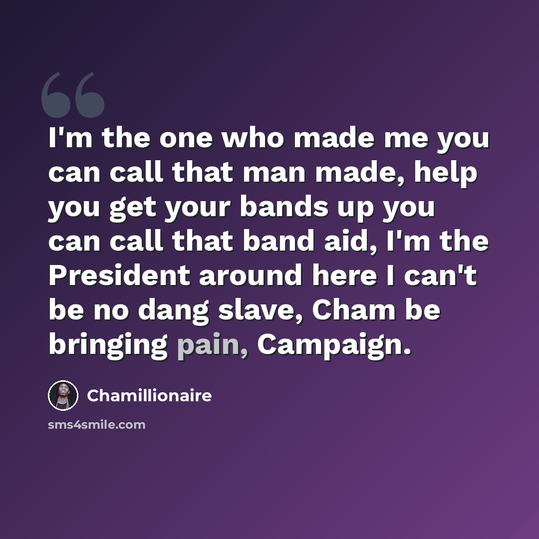 “I'm the one who made me you can call that man made, help you get your bands up you can call that band aid, I'm the President around here I can't be no dang slave, Cham be bringing pain, Campaign.” quote by Chamillionaire