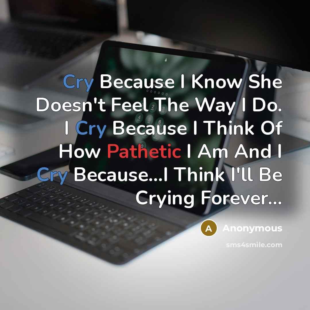 “Cry Because I Know She Doesn't Feel The Way I Do. I Cry Because I Think Of How Pathetic I Am And I Cry Because...I Think I'll Be Crying Forever…” quote by Anonymous