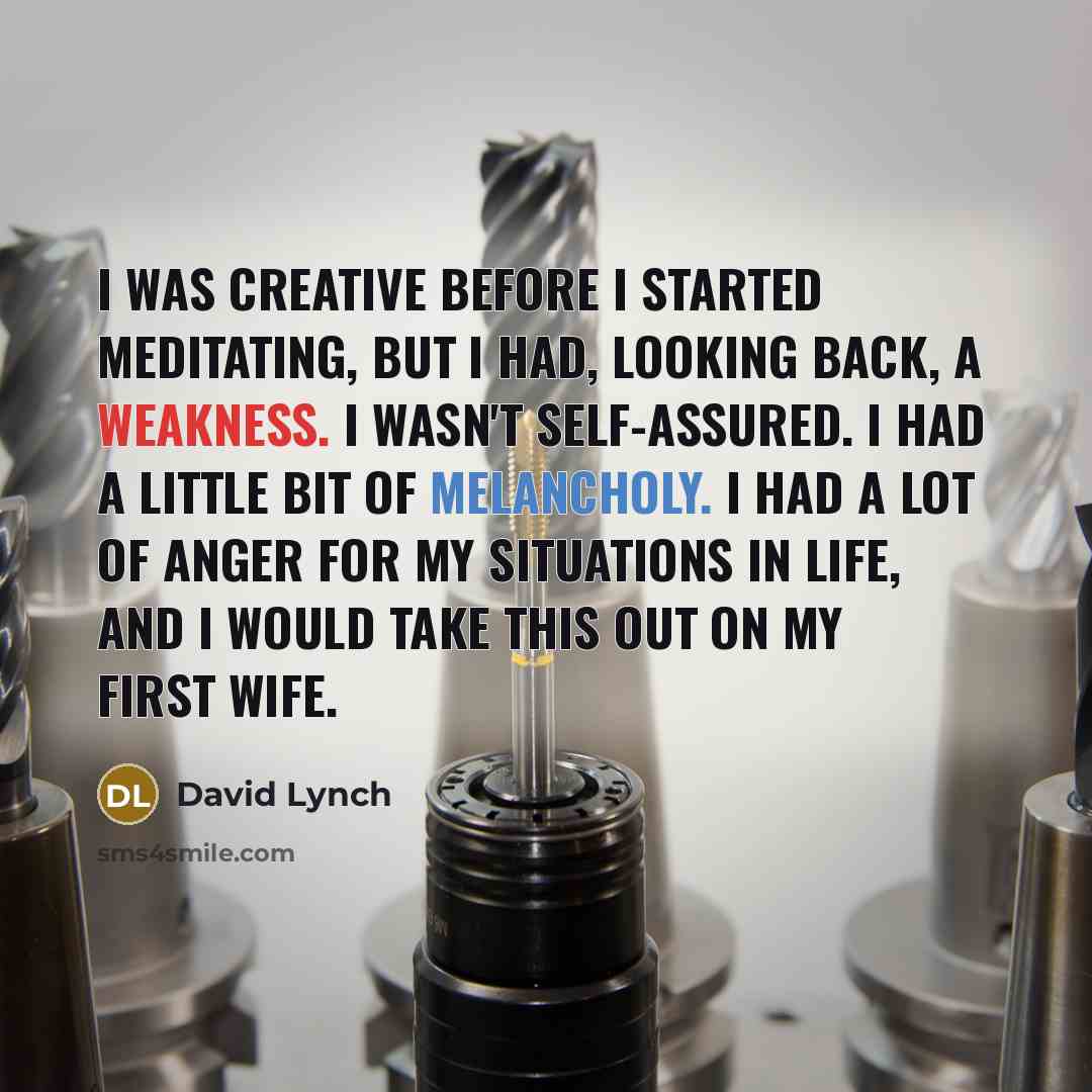 “I was creative before I started meditating, but I had, looking back, a weakness. I wasn't self-assured. I had a little bit of melancholy. I had a lot of anger for my situations in life, and I would take this out on my first wife.” quote by David Lynch