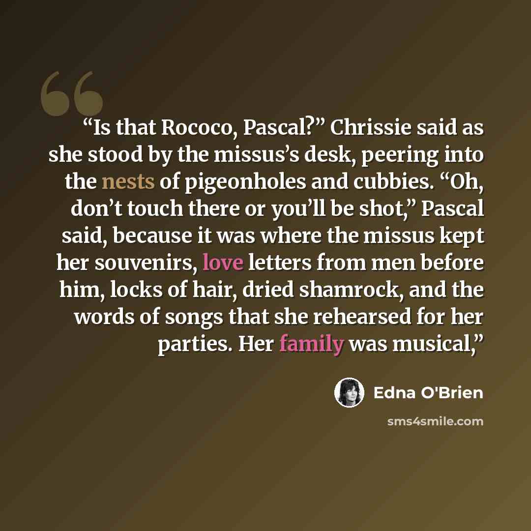 “Is that Rococo, Pascal?” Chrissie said as she stood by the missus’s desk, peering into the nests of pigeonholes and cubbies. “Oh, don’t touch there or you’ll be shot,” Pascal said, because it was where the missus kept her souvenirs, love letters from men before him, locks of hair, dried shamrock…” quote by Edna O'Brien