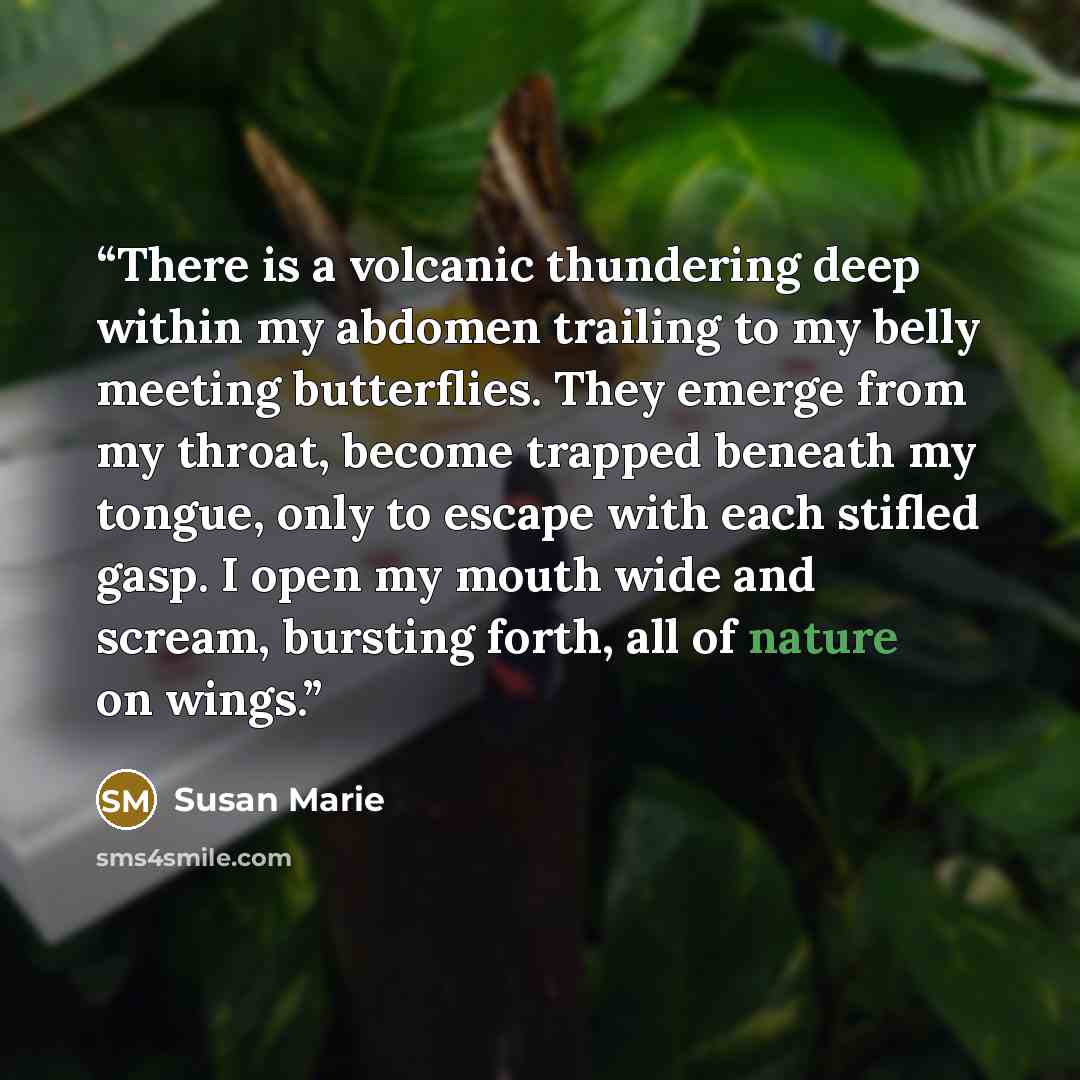 “There is a volcanic thundering deep within my abdomen trailing to my belly meeting butterflies. They emerge from my throat, become trapped beneath my tongue, only to escape with each stifled gasp. I open my mouth wide and scream, bursting forth, all of nature on wings.” quote by Susan Marie