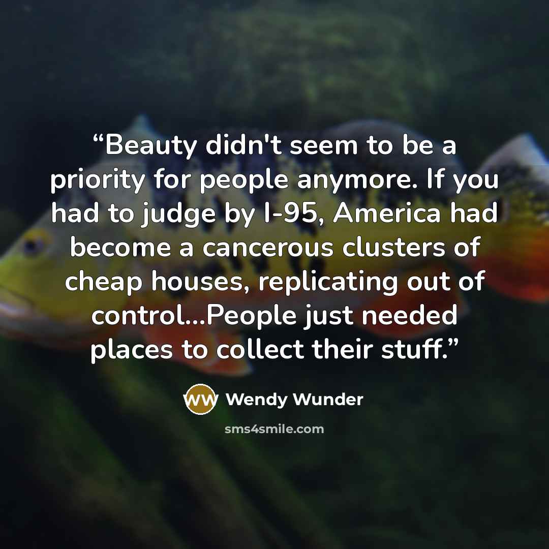 “Beauty didn't seem to be a priority for people anymore. If you had to judge by I-95, America had become a cancerous clusters of cheap houses, replicating out of control...People just needed places to collect their stuff.” quote by Wendy Wunder