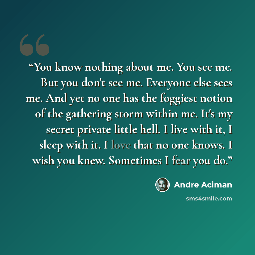 “You know nothing about me. You see me. But you don't see me. Everyone else sees me. And yet no one has the foggiest notion of the gathering storm within me. It's my secret private little hell. I live with it, I sleep with it. I love that no one knows. I wish you knew. Sometimes I fear you do.” quote by André Aciman