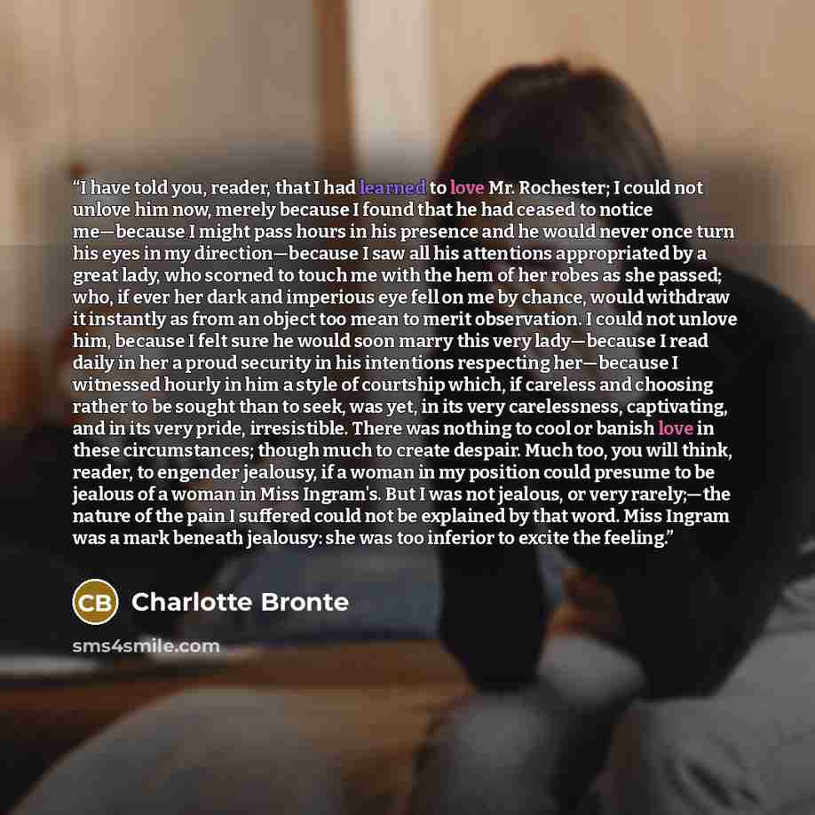 “I have told you, reader, that I had learned to love Mr. Rochester; I could not unlove him now, merely because I found that he had ceased to notice me—because I might pass hours in his presence and he would never once turn his eyes in my direction—because I saw all his attentions appropriated by a…” quote by Charlotte Brontë