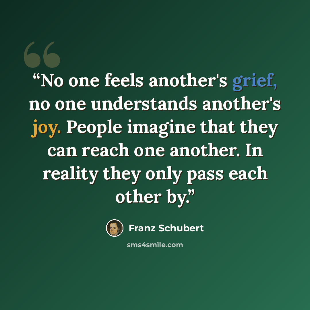“No one feels another's grief, no one understands another's joy. People imagine that they can reach one another. In reality they only pass each other by.” quote by Franz Schubert