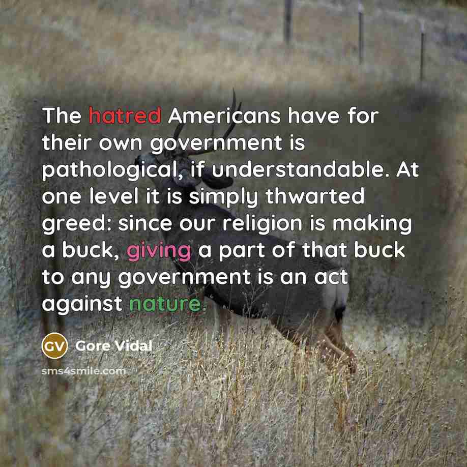 “The hatred Americans have for their own government is pathological, if understandable. At one level it is simply thwarted greed: since our religion is making a buck, giving a part of that buck to any government is an act against nature.” quote by Gore Vidal