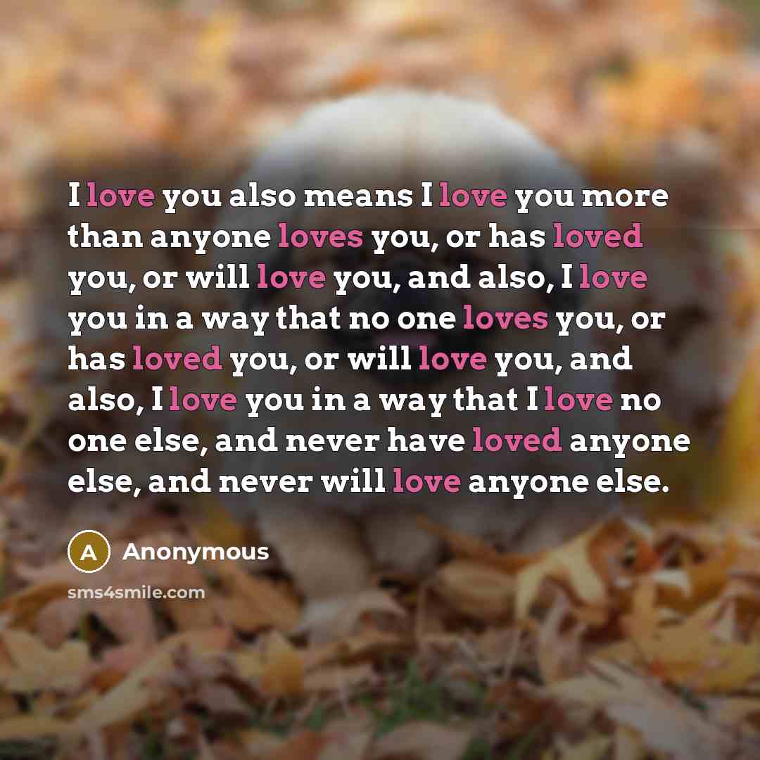 “I love you also means I love you more than anyone loves you, or has loved you, or will love you, and also, I love you in a way that no one loves you, or has loved you, or will love you, and also, I love you in a way that I love no one else, and never have loved anyone else, and never will love…” quote by Anonymous
