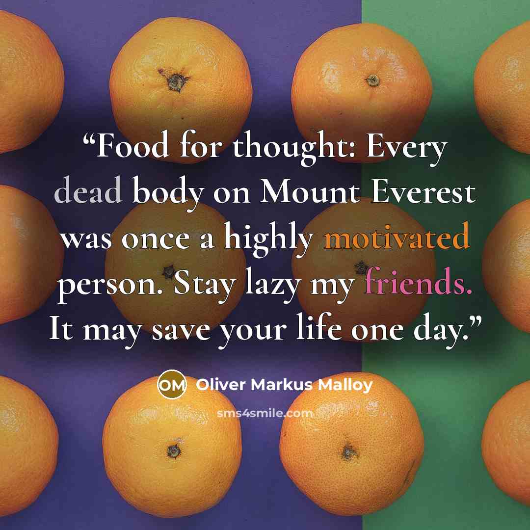 “Food for thought: Every dead body on Mount Everest was once a highly motivated person. Stay lazy my friends. It may save your life one day.” quote by Oliver Markus Malloy