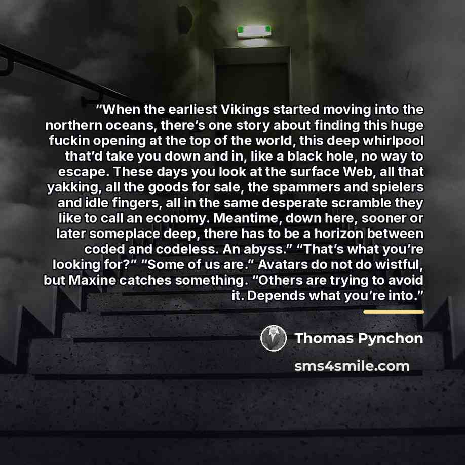 “When the earliest Vikings started moving into the northern oceans, there’s one story about finding this huge fuckin opening at the top of the world, this deep whirlpool that’d take you down and in, like a black hole, no way to escape. These days you look at the surface Web, all that yakking, all…” quote by Thomas Pynchon