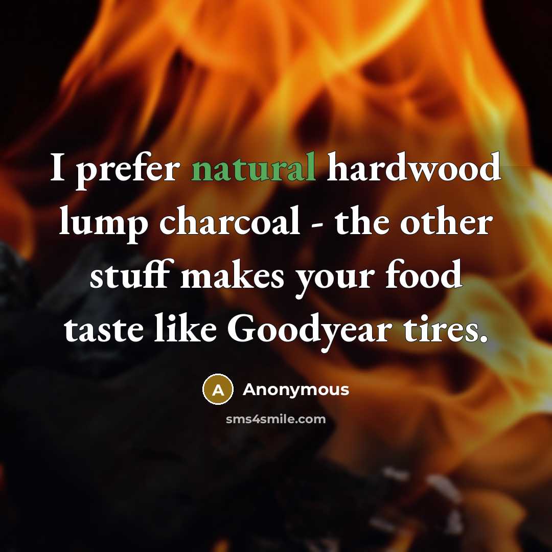“I prefer natural hardwood lump charcoal - the other stuff makes your food taste like Goodyear tires.” quote by Anonymous