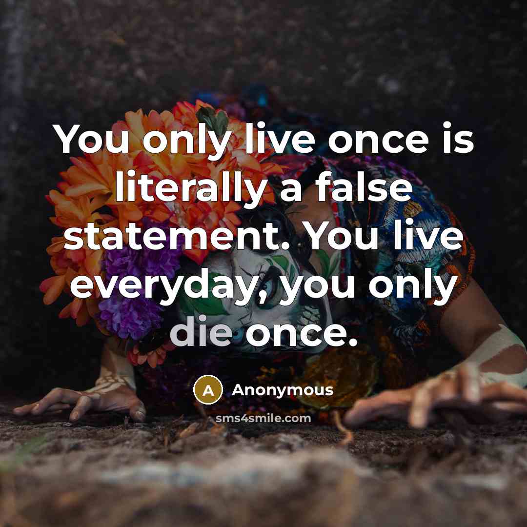 “You only live once is literally a false statement. You live everyday, you only die once.” quote by Anonymous