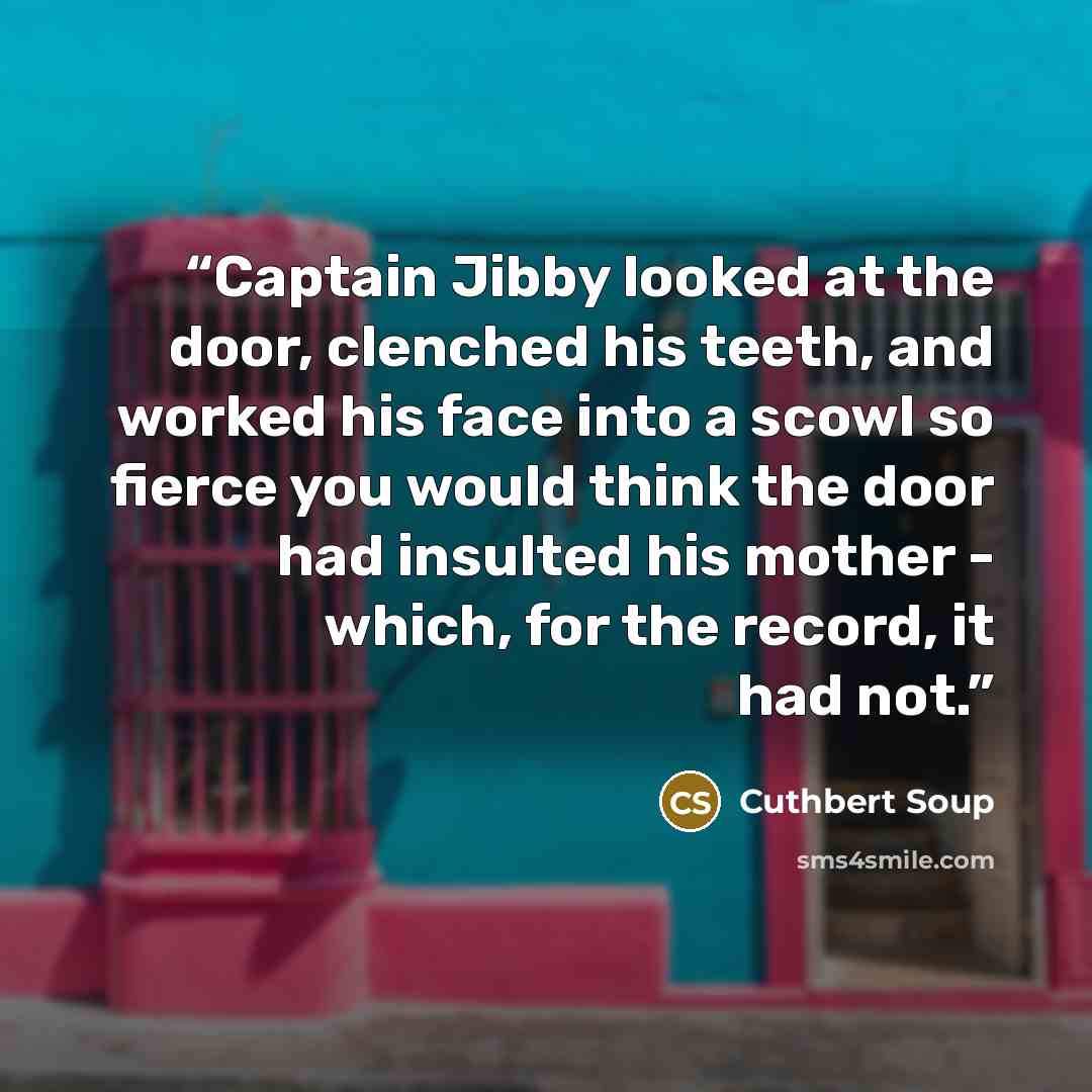 “Captain Jibby looked at the door, clenched his teeth, and worked his face into a scowl so fierce you would think the door had insulted his mother - which, for the record, it had not.” quote by Cuthbert Soup