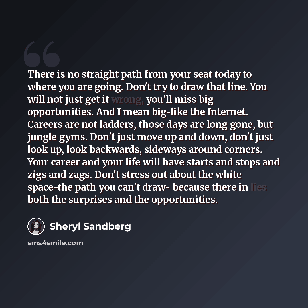 “There is no straight path from your seat today to where you are going. Don't try to draw that line. You will not just get it wrong, you'll miss big opportunities. And I mean big-like the Internet. Careers are not ladders, those days are long gone, but jungle gyms. Don't just move up and down…” quote by Sheryl Sandberg