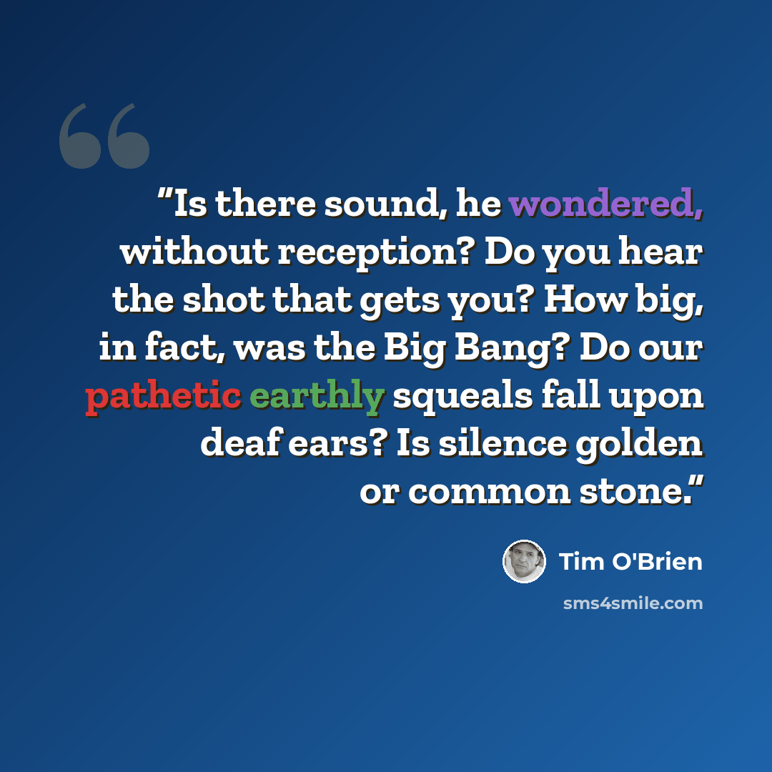 “Is there sound, he wondered, without reception? Do you hear the shot that gets you? How big, in fact, was the Big Bang? Do our pathetic earthly squeals fall upon deaf ears? Is silence golden or common stone.” quote by Tim O'Brien