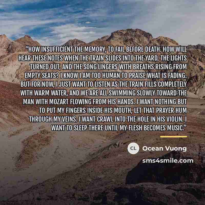 “How insufficient the memory, to fail before death. how will hear these notes when the train slides into the yard, the lights turned out, and the song lingers with breaths rising from empty seats? I know I am too human to praise what is fading. But for now, I just want to listen as the train fills…” quote by Ocean Vuong