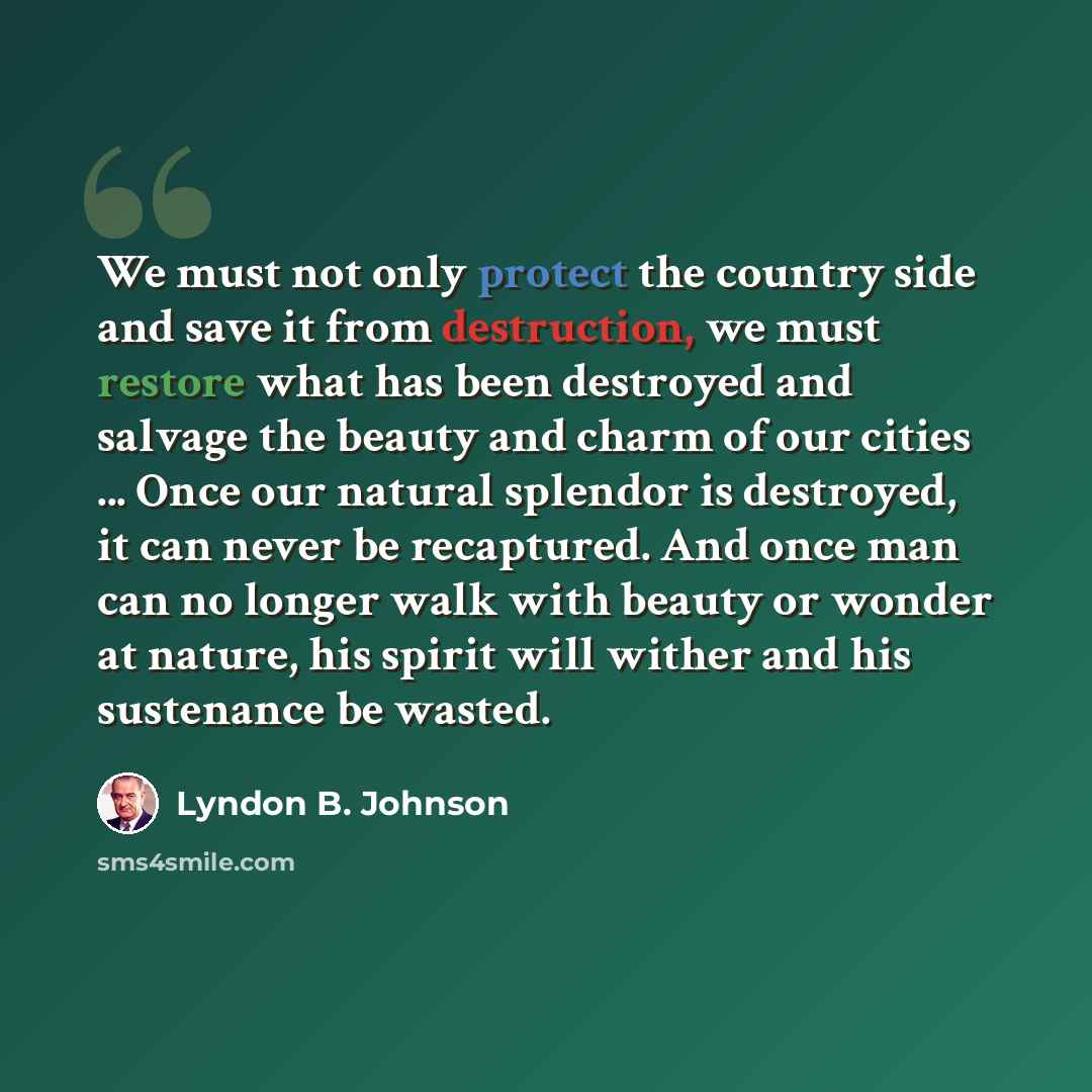 “We must not only protect the country side and save it from destruction, we must restore what has been destroyed and salvage the beauty and charm of our cities ... Once our natural splendor is destroyed, it can never be recaptured. And once man can no longer walk with beauty or wonder at nature…” quote by Lyndon B. Johnson