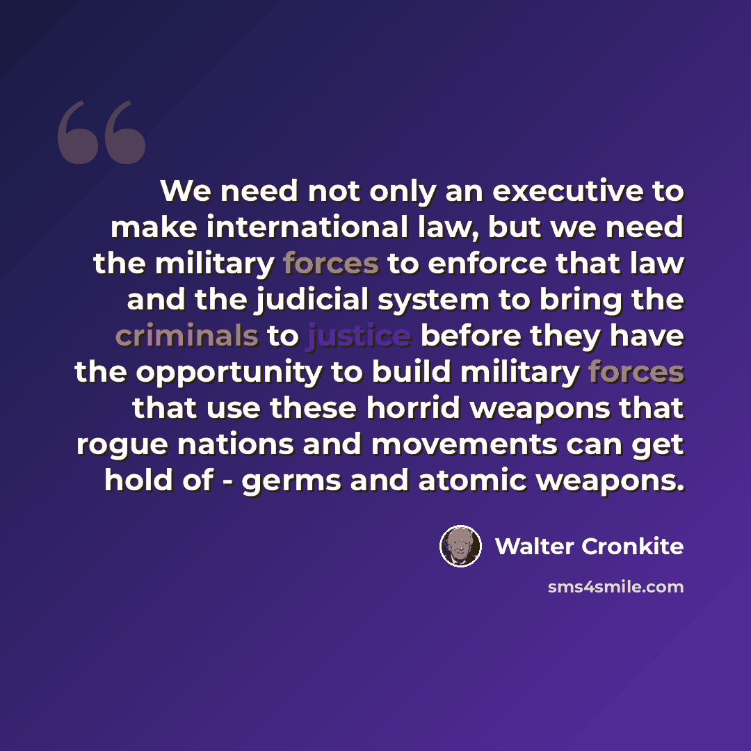 “We need not only an executive to make international law, but we need the military forces to enforce that law and the judicial system to bring the criminals to justice before they have the opportunity to build military forces that use these horrid weapons that rogue nations and movements can get…” quote by Walter Cronkite