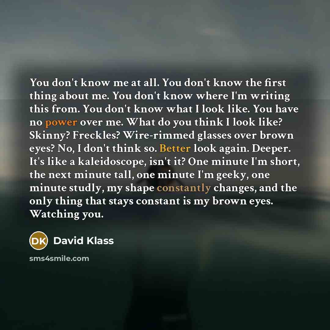 “You don't know me at all. You don't know the first thing about me. You don't know where I'm writing this from. You don't know what I look like. You have no power over me. What do you think I look like? Skinny? Freckles? Wire-rimmed glasses over brown eyes? No, I don't think so. Better look again…” quote by David Klass