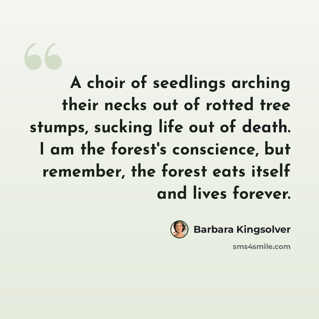 “A choir of seedlings arching their necks out of rotted tree stumps, sucking life out of death. I am the forest's conscience, but remember, the forest eats itself and lives forever.” quote by Barbara Kingsolver