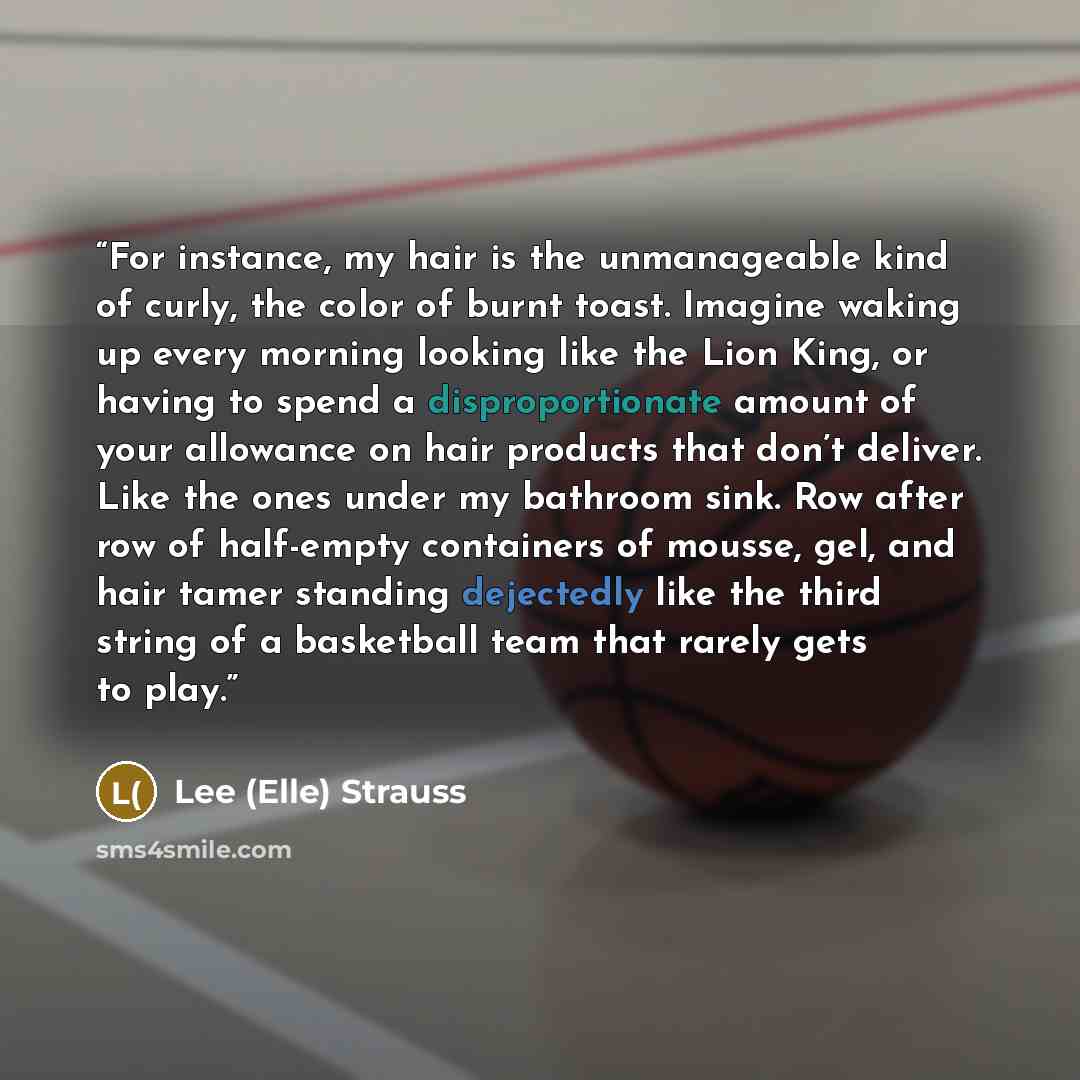“For instance, my hair is the unmanageable kind of curly, the color of burnt toast. Imagine waking up every morning looking like the Lion King, or having to spend a disproportionate amount of your allowance on hair products that don’t deliver. Like the ones under my bathroom sink. Row after row of…” quote by Lee (Elle) Strauss